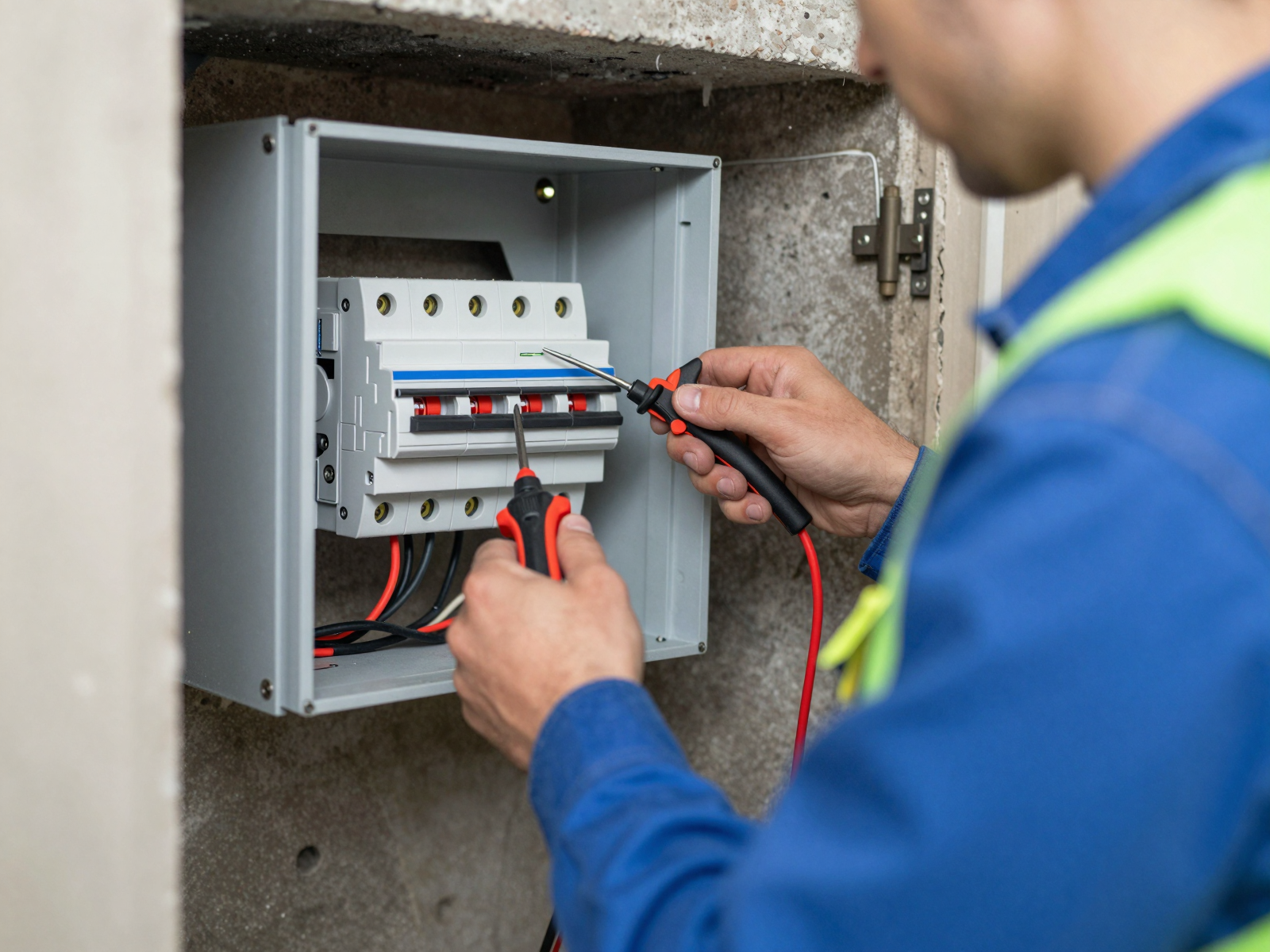 Professional electrician installing electrical panel